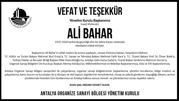 OSB vefat ve teşekkür