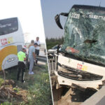 Antalyada tur otobüsü köprü bariyerleri arasında sıkıştı