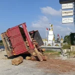 Lastiği patlayan tomruk yüklü kamyon devrildi