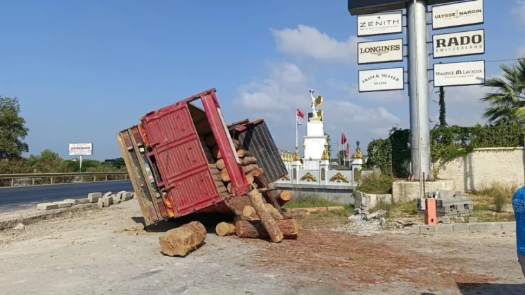Lastiği patlayan tomruk yüklü kamyon devrildi