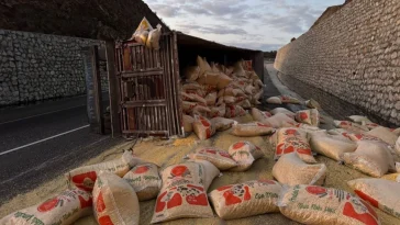 Karayolunda yem yüklü tır devrildi: 2 yaralı